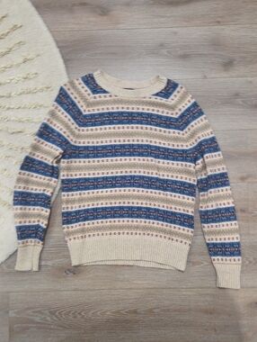 J. Crew Cream Crewneck Sweater with Blue Fair Isle Pattern